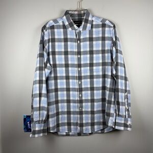 Stantt Men’s Blue Gray Plaid Long Sleeve Cotton Button Down Shirt Size Large